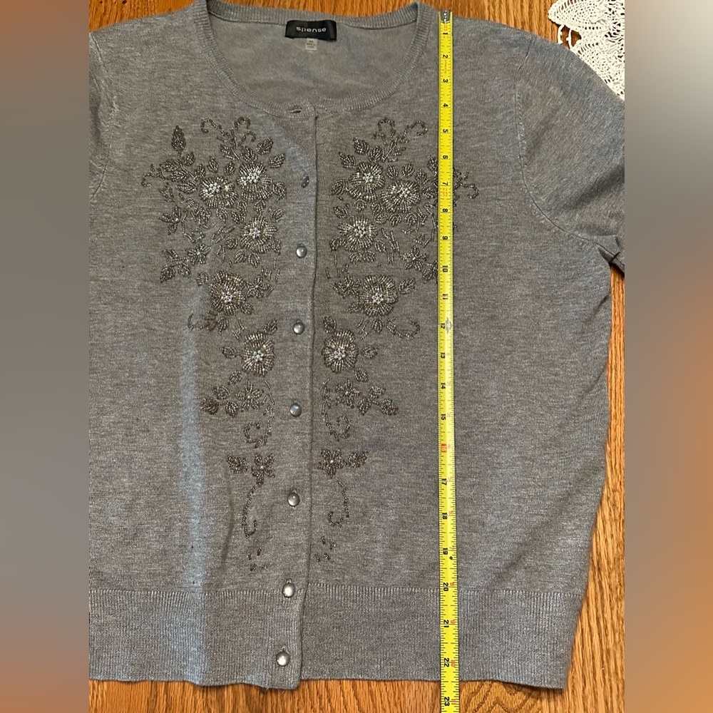 Spence Embellished Beaded Floral Design Grey Knit Cardigan 3 Quarter Sleeve XL - Picture 8 of 8